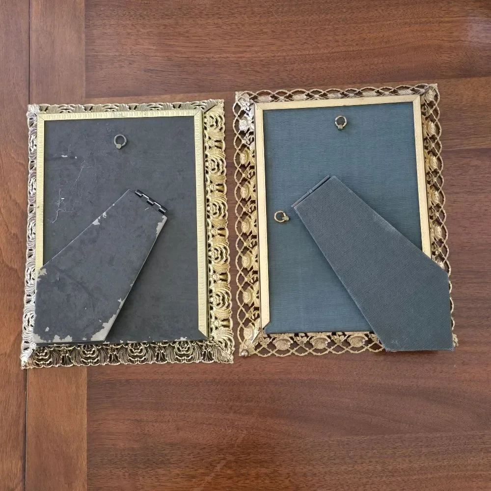 Vintage Ornate‎ Brass Photo Frame Set Gold Tone MCM Filigree Flowers Easel